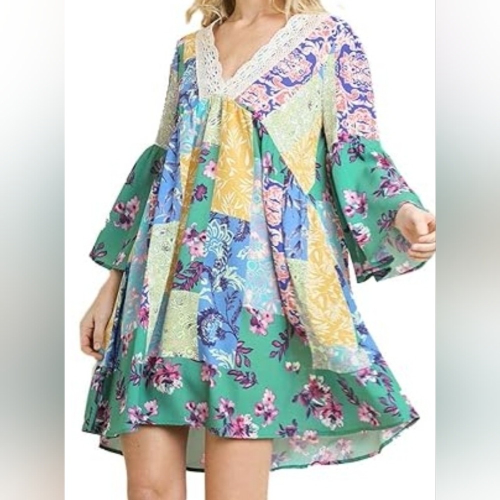 Umgee Boho Babydoll Patchwork Dress Size Medium.